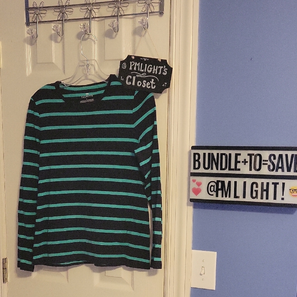 Talbots Striped Long Sleeve Shirt Navy Blue Teal